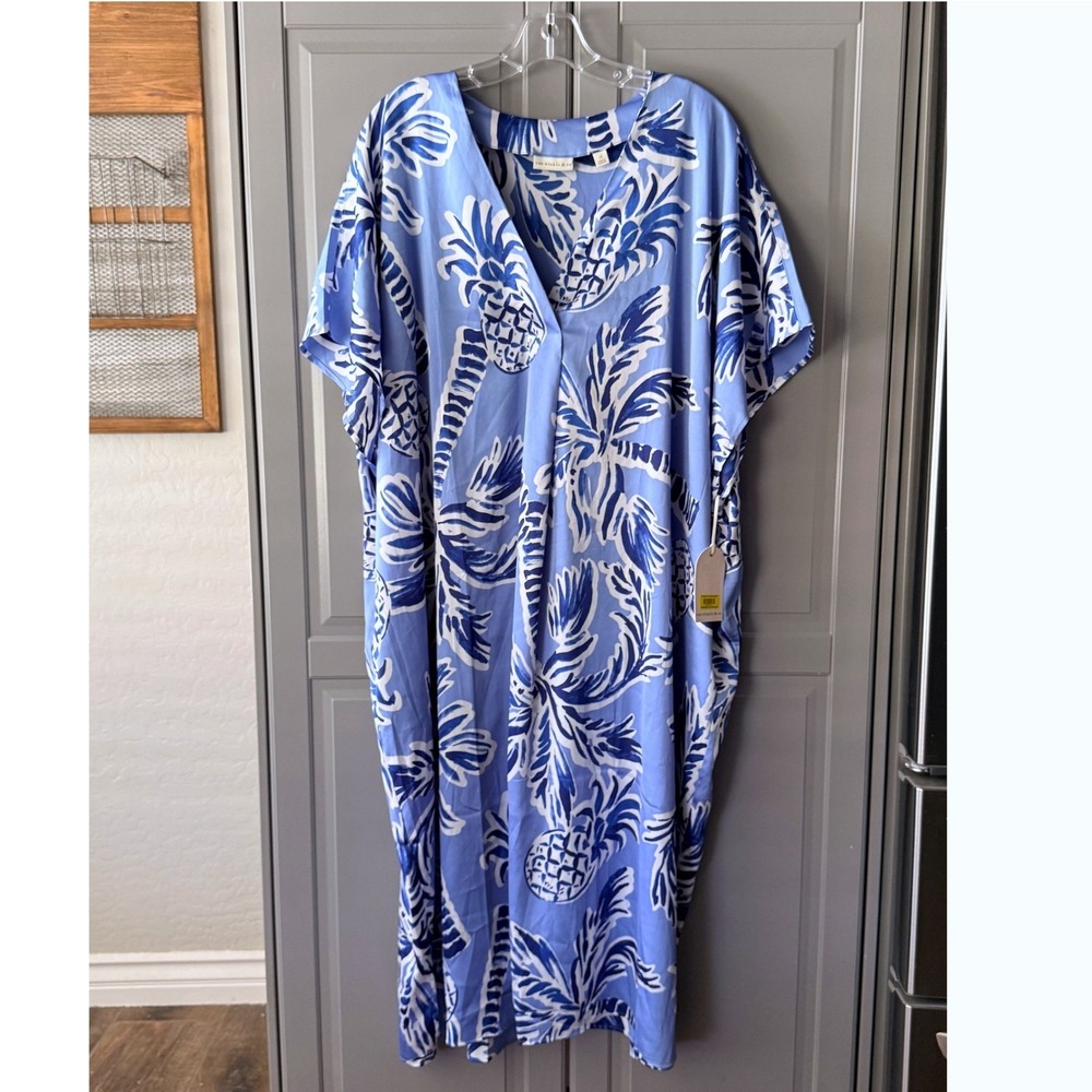 Van Winkle & Co Painted Palm Dolman Sleeve Caftan Dress, Blue White, XL (NWT)